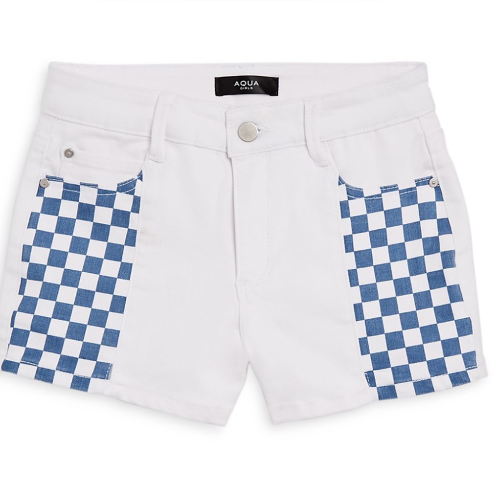 NWOT - Aqua Girls - White Stretch Denim Jean Shorts Blue Checker Pattern Size 14